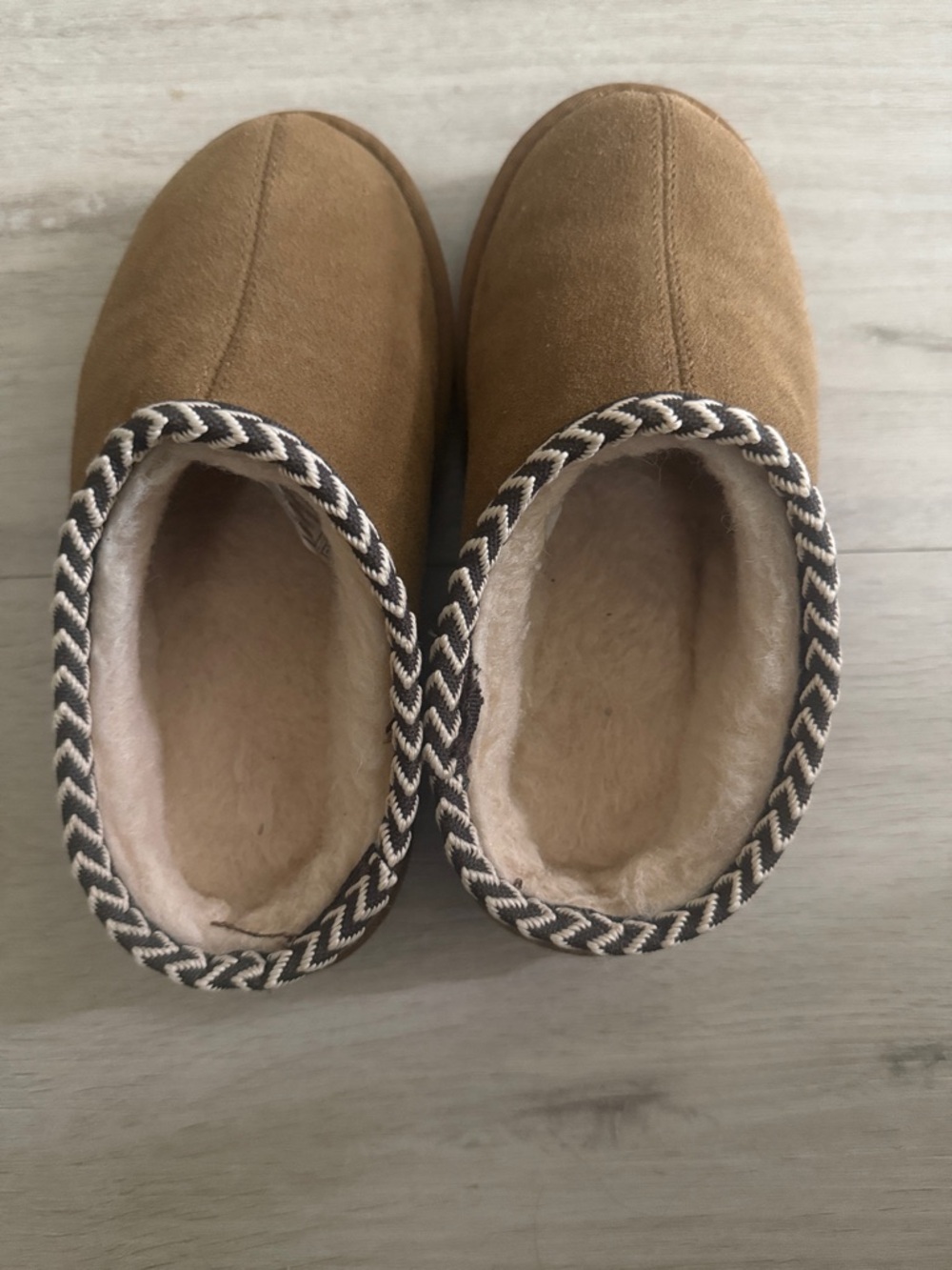 BearPaw Kids Suede Slip-On Slippers in Tan with Cream Trim